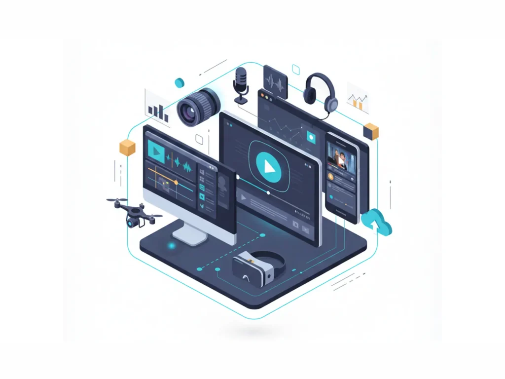 A clean, 3D isometric illustration featuring a computer monitor for video editing, a camera lens, a microphone, headphones, and a drone on a white background.