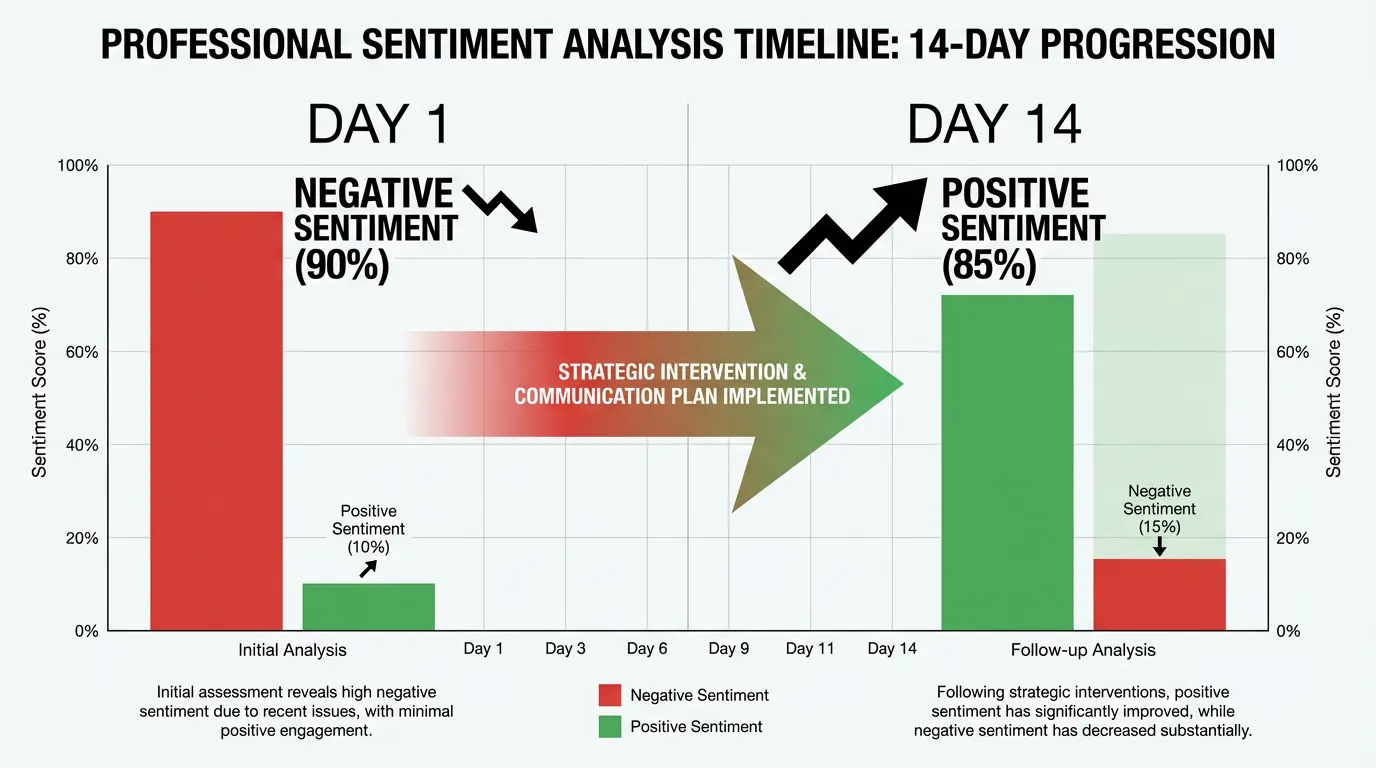 A bar chart showing "Professional Sentiment Analysis Timeline: 14-Day Progression." On Day 1, there's 90% negative sentiment (red bar) and 10% positive sentiment (green bar). After a "Strategic Intervention & Communication Plan Implemented," Day 14 shows 85% positive sentiment (green bar) and 15% negative sentiment (red bar).