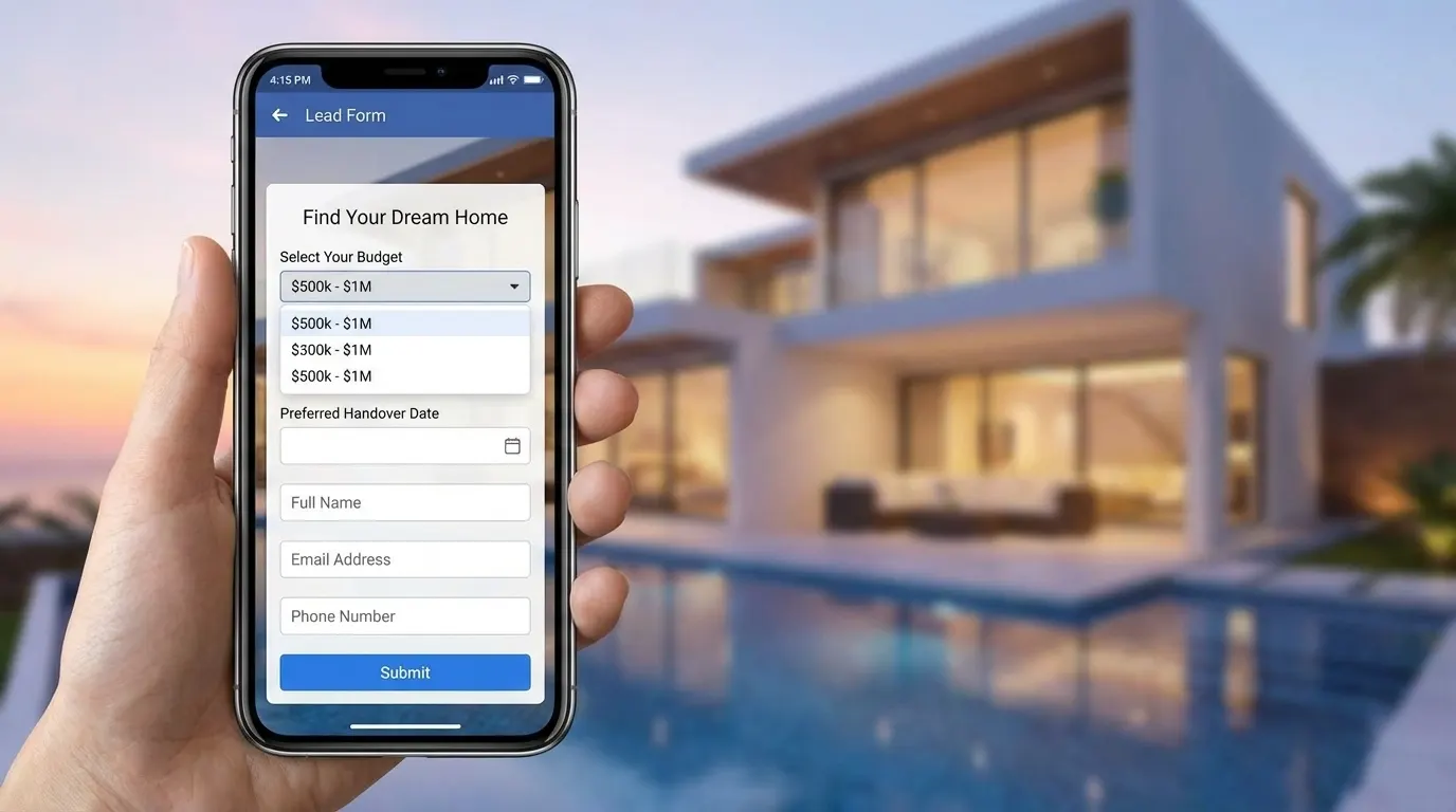 Facebook lead generation form for luxury real estate with budget qualification questions.