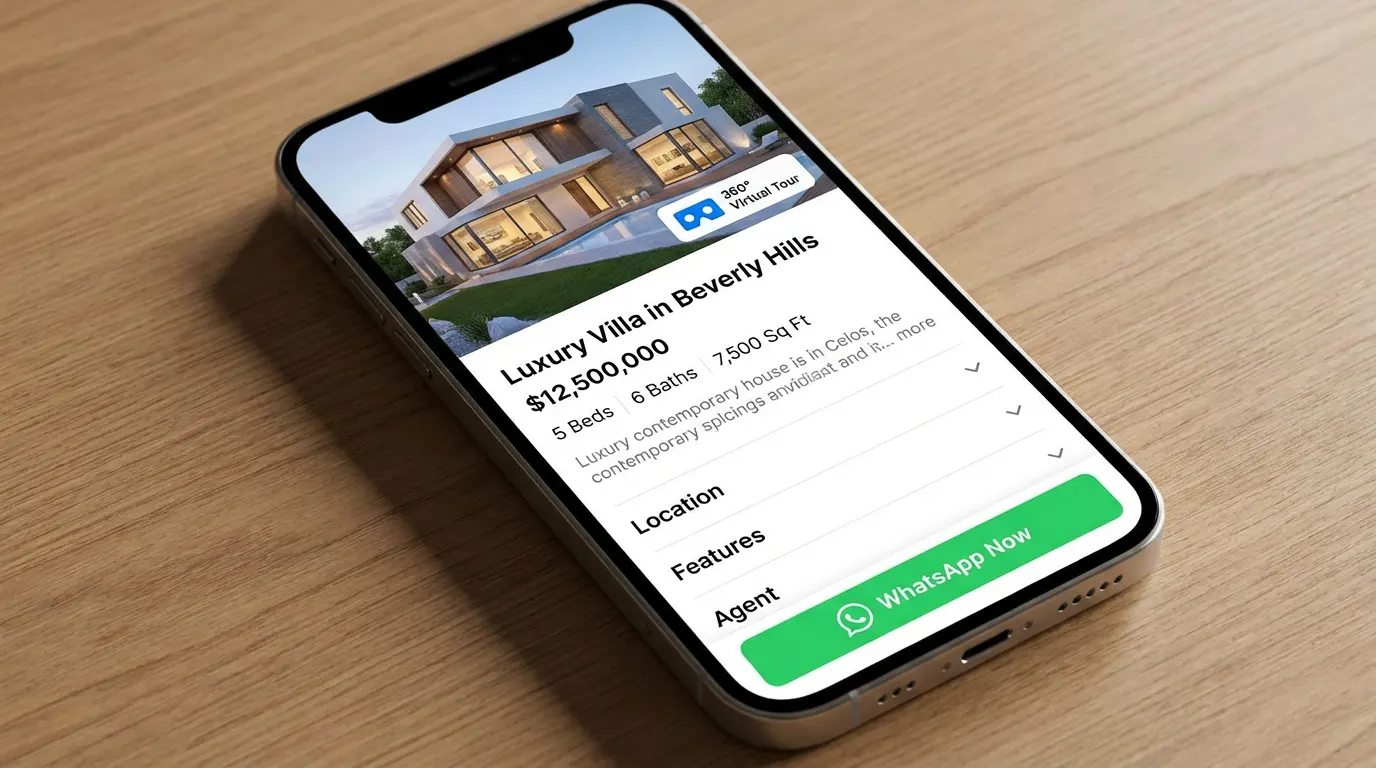 Mobile real estate website design with sticky WhatsApp button and 360 virtual tour feature.