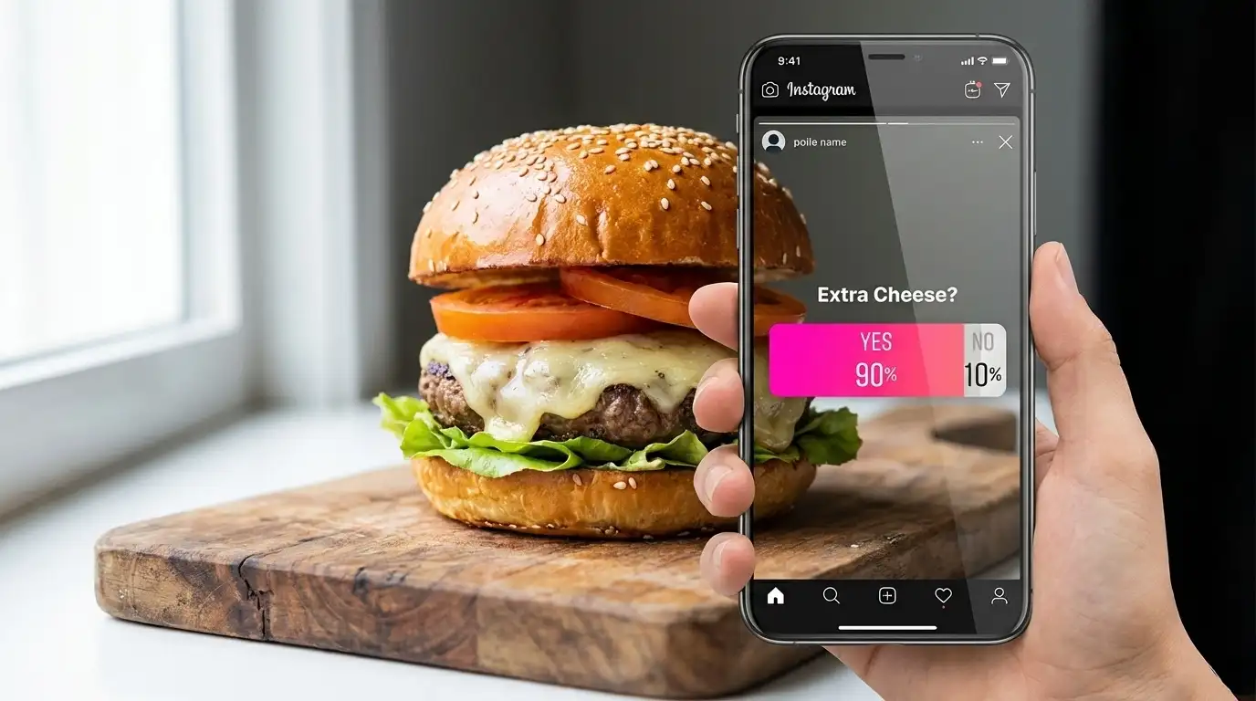 Gourmet burger photo with Instagram story poll overlay showing high user engagement.