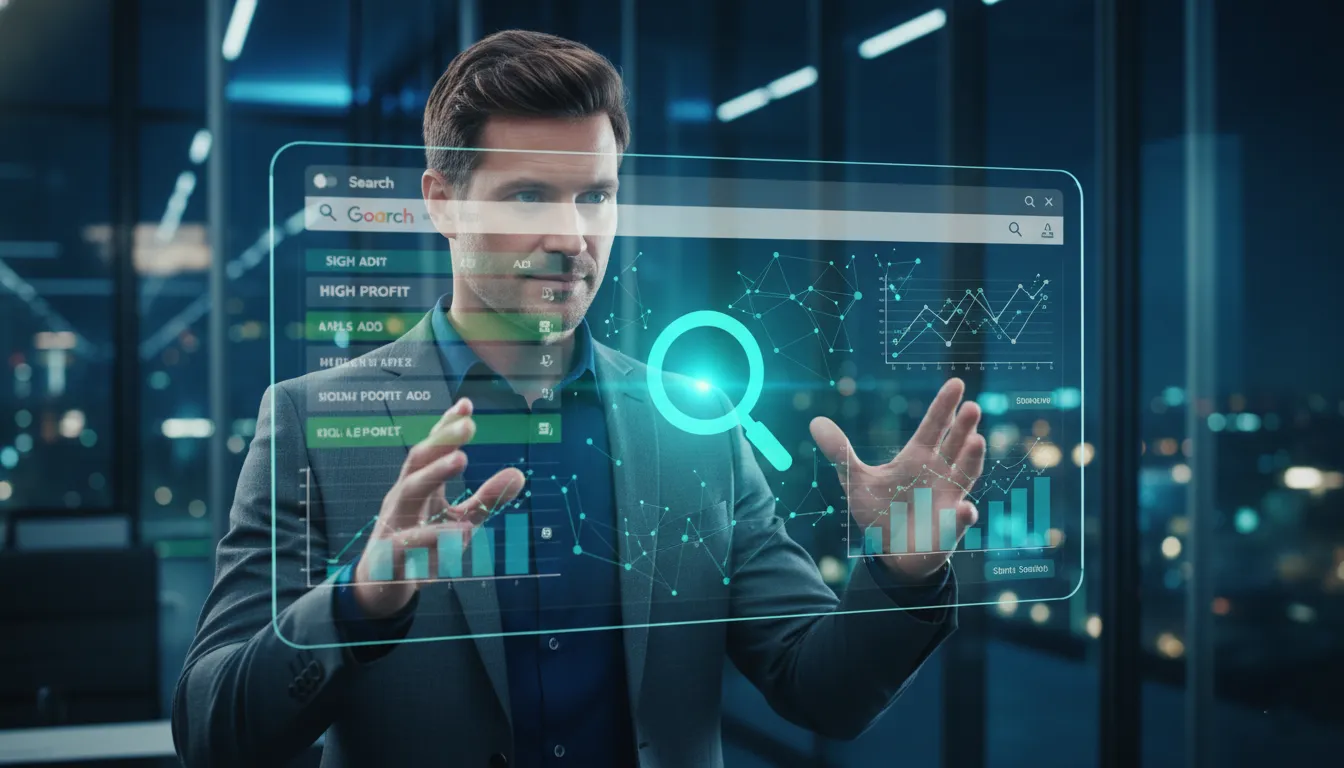 Professional Google Ads expert analyzing search engine marketing (SEM) data and high-ROI campaign performance on a digital interface.