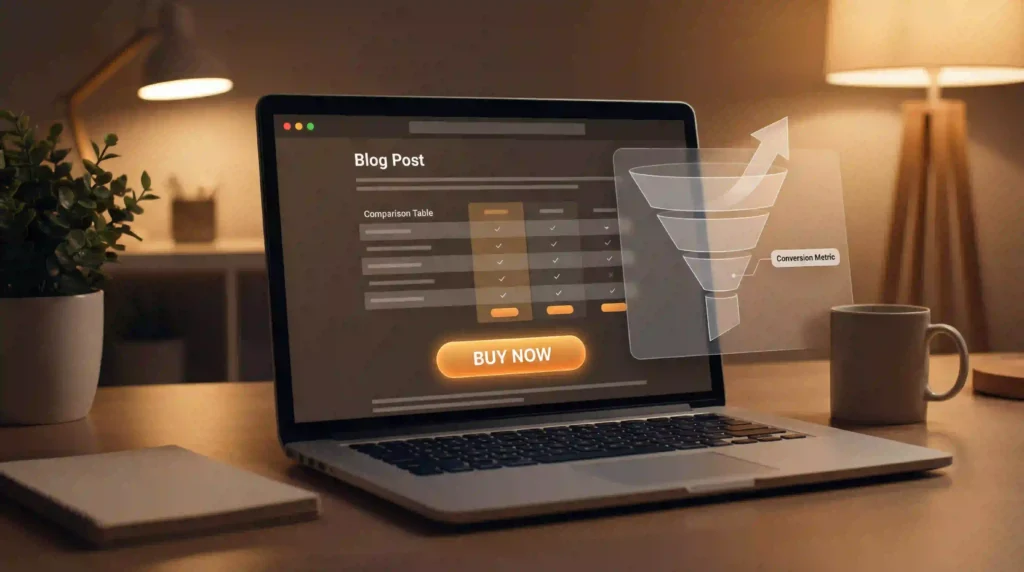 A laptop screen displaying a blog post with a "BUY NOW" button and a transparent overlay of a marketing conversion funnel with an upward arrow and "Conversion Metric" text. The laptop is on a desk in a dimly lit room with a plant and lamps.