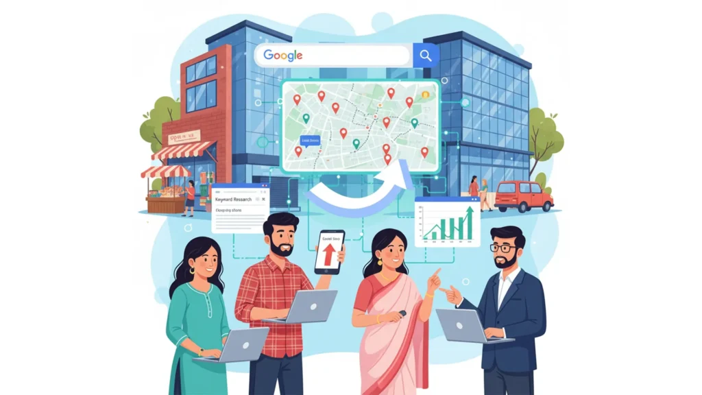 Illustration showing SEO strategy for small businesses in Bangladesh, including Google search, local map listings, keyword research, and organic growth analytics
