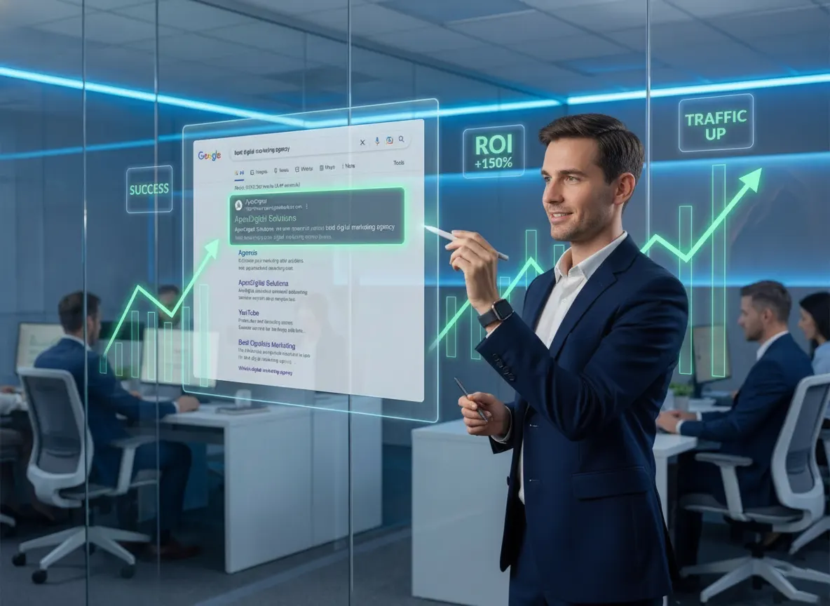 Digital marketing expert analyzing top Google rankings, traffic growth, and ROI increase on a holographic interface.
