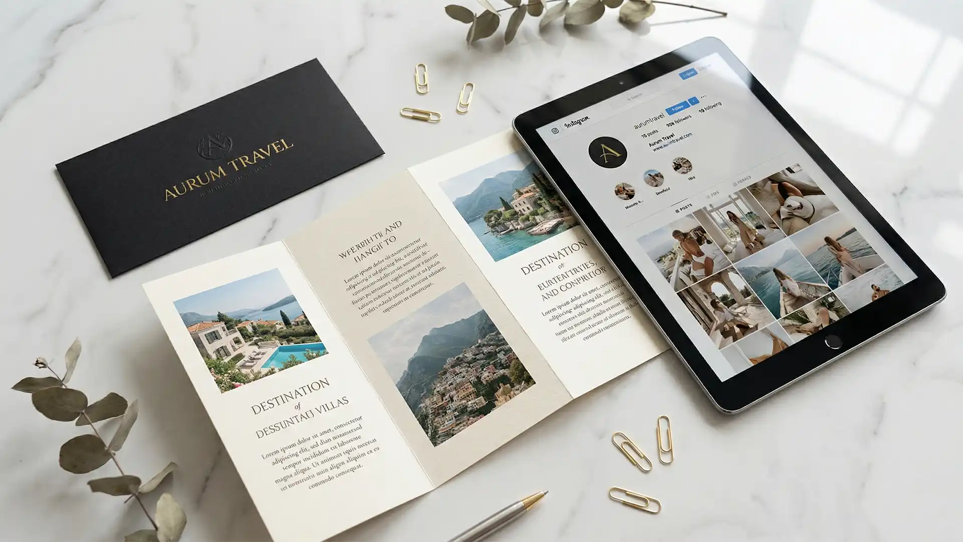 Corporate travel agency branding kit including brochures, business cards, and social media templates.