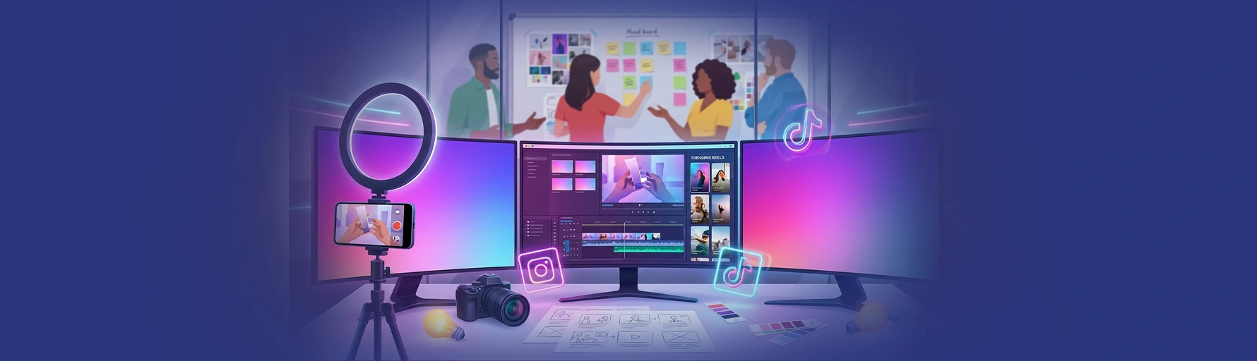 Creative social media management team working on video editing, reels production, and content strategy in a studio.