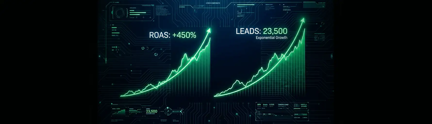 Futuristic digital marketing graph showing 450% increase in ROAS and exponential growth in leads for paid social media campaigns.