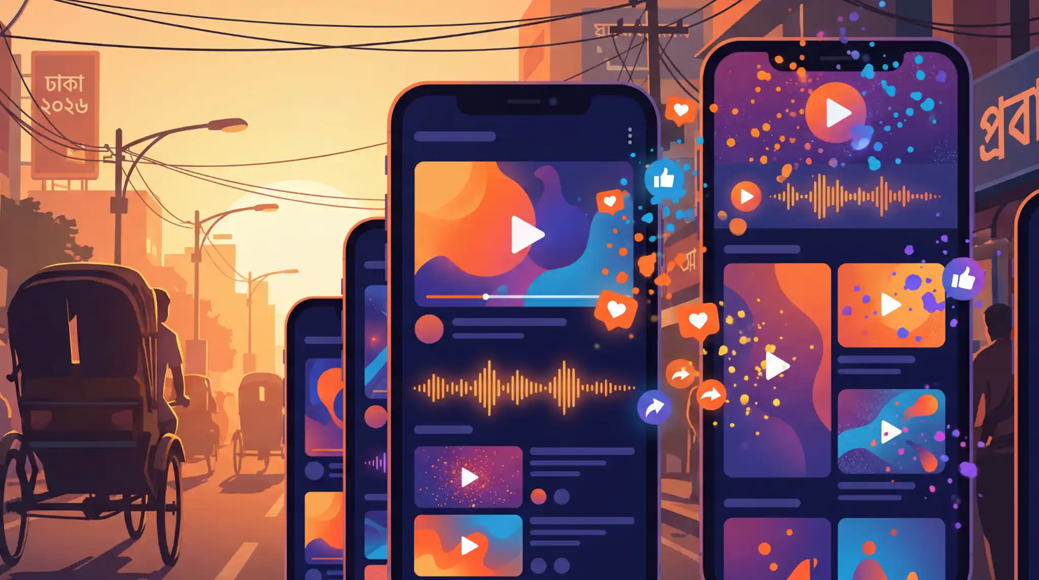 Social media video marketing displayed on smartphones with engagement icons in a Dhaka city street background.