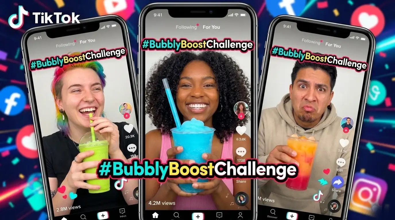 Three people holding colorful drinks on TikTok screens promoting the #BubblyBoostChallenge social media campaign