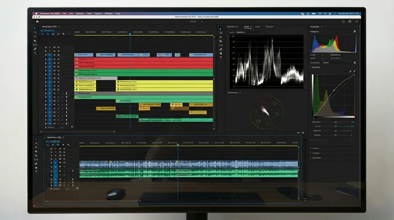 Complex video editing timeline showing sound design and color grading layers for viral OVC production.