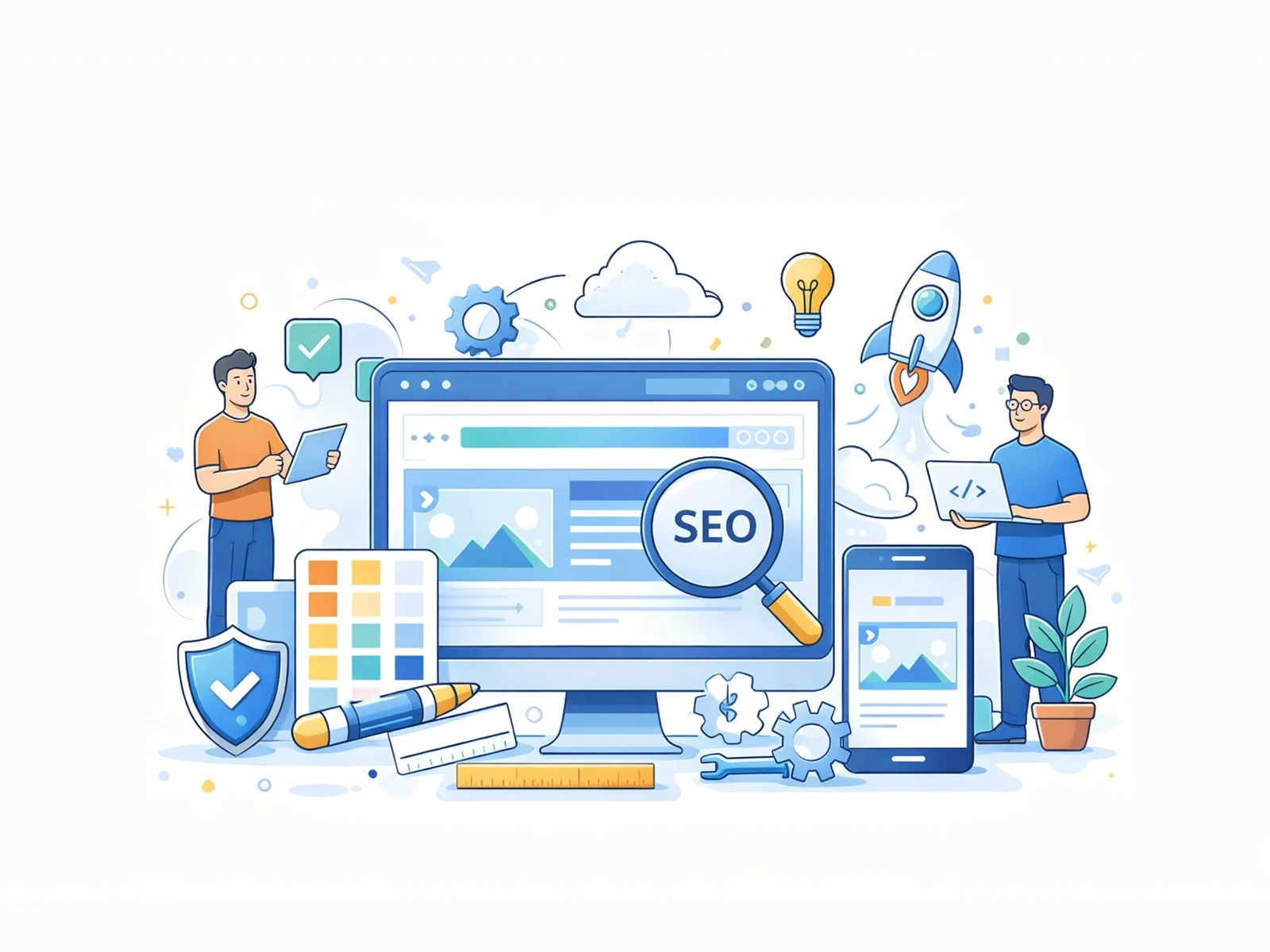 Website design and development illustration featuring SEO, responsive mobile layout, and UI tools.