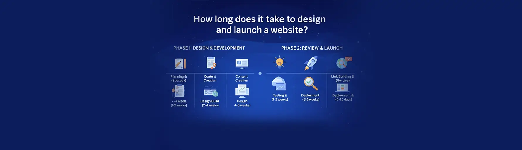 Infographic showing the website launch timeline, broken down into design, development, testing, and deployment phases