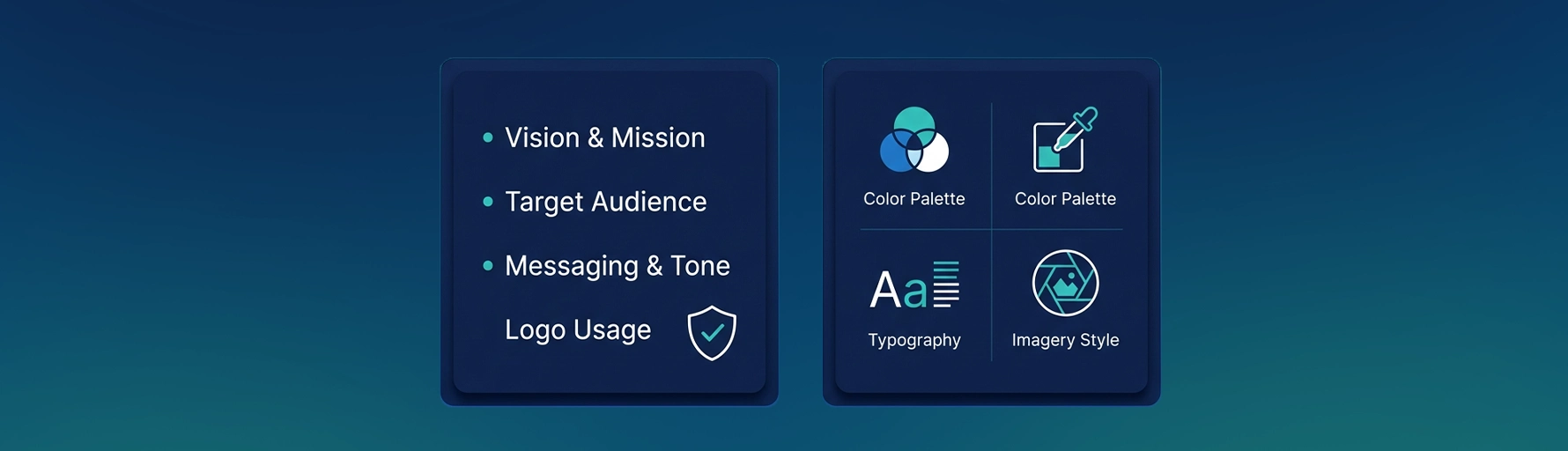 Brand strategy and guideline book framework showing vision and mission, target audience, messaging tone, logo usage, color palette, typography, and imagery style for corporate branding