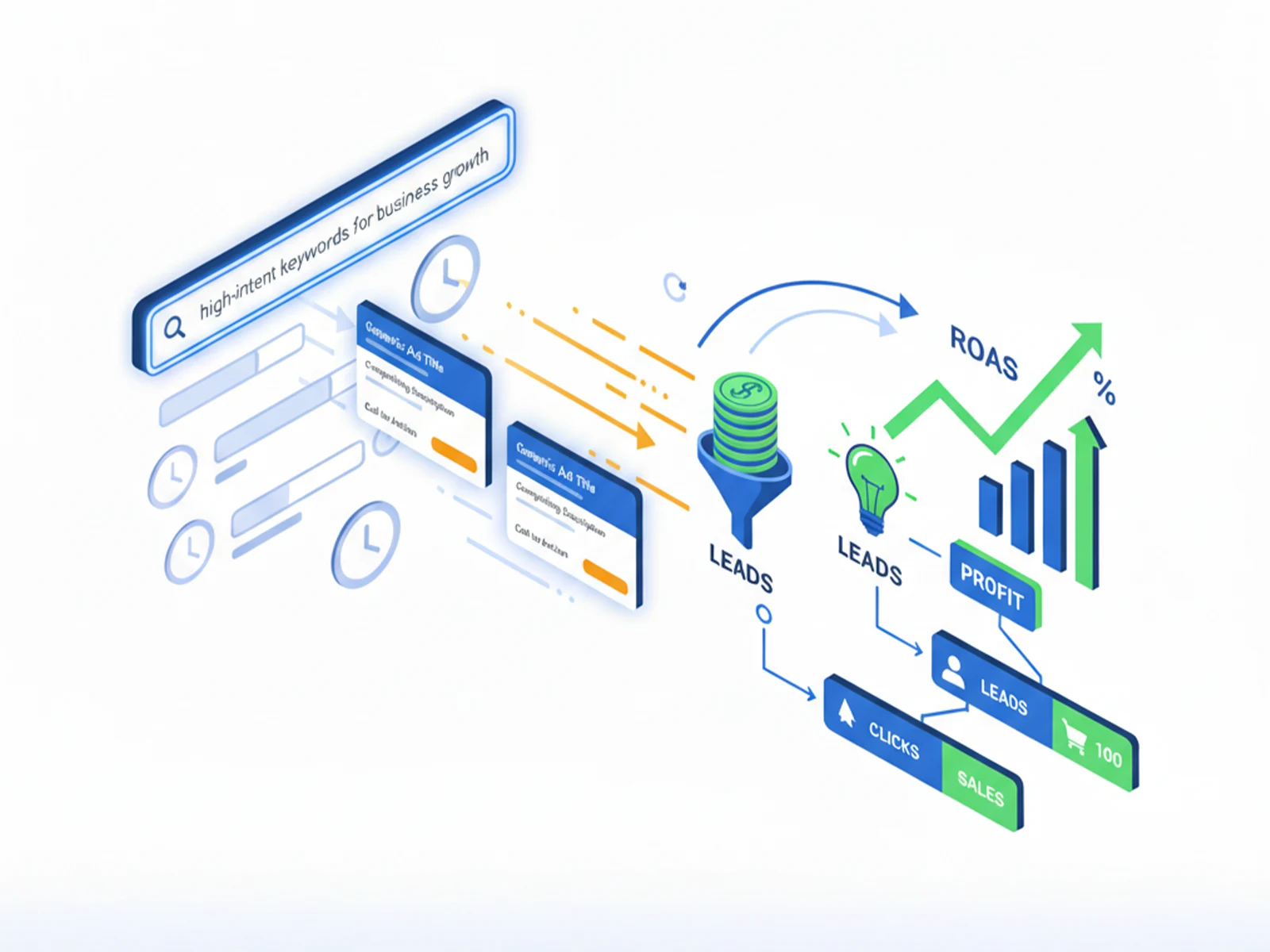 Illustration showing high-intent search keywords turning into Google Ads, leads, sales, and profit with increased ROAS through PPC advertising.