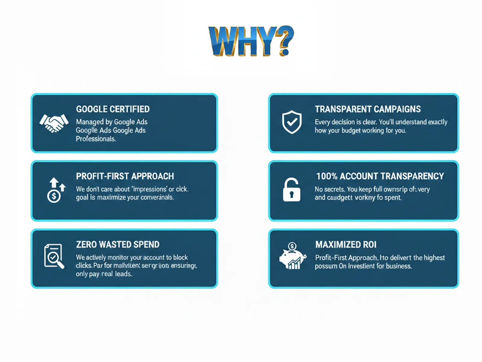 Why choose us for Google Ads management showing certified experts, transparent campaigns, zero wasted ad spend, and maximized ROI.